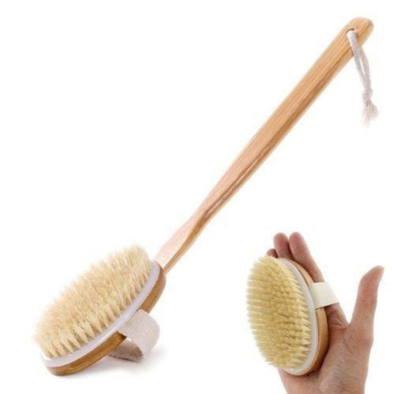 Bath loofah with a long wooden handle